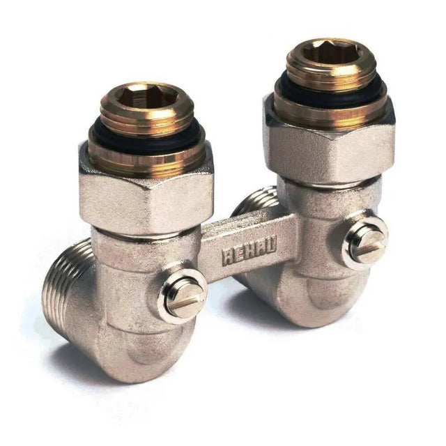 REHAU Kugelhahnblock mit Anschlussnippel G 1/2 x G 3/4, Eckform, 12407371001