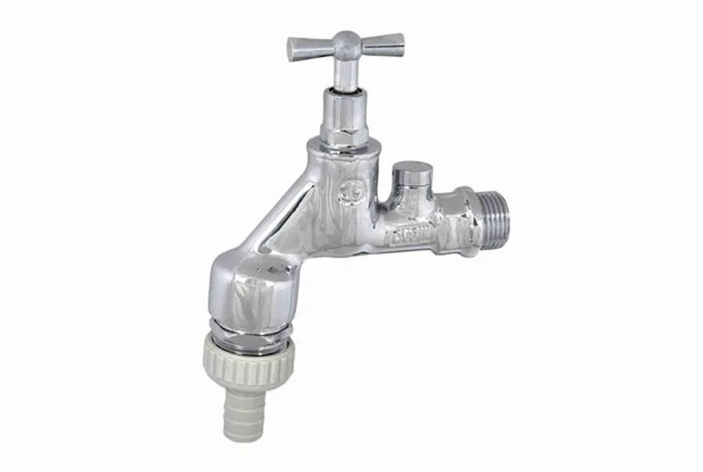 JS Auslaufventil, Serie Air-tec, mit Rohrbelüfter, mit Rückflussverhinderer, mit Schlauchverschraubung, mit Knebel-Oberteil, 1/2'', poliertes chrom, DVGW geprüft, 0017531550001