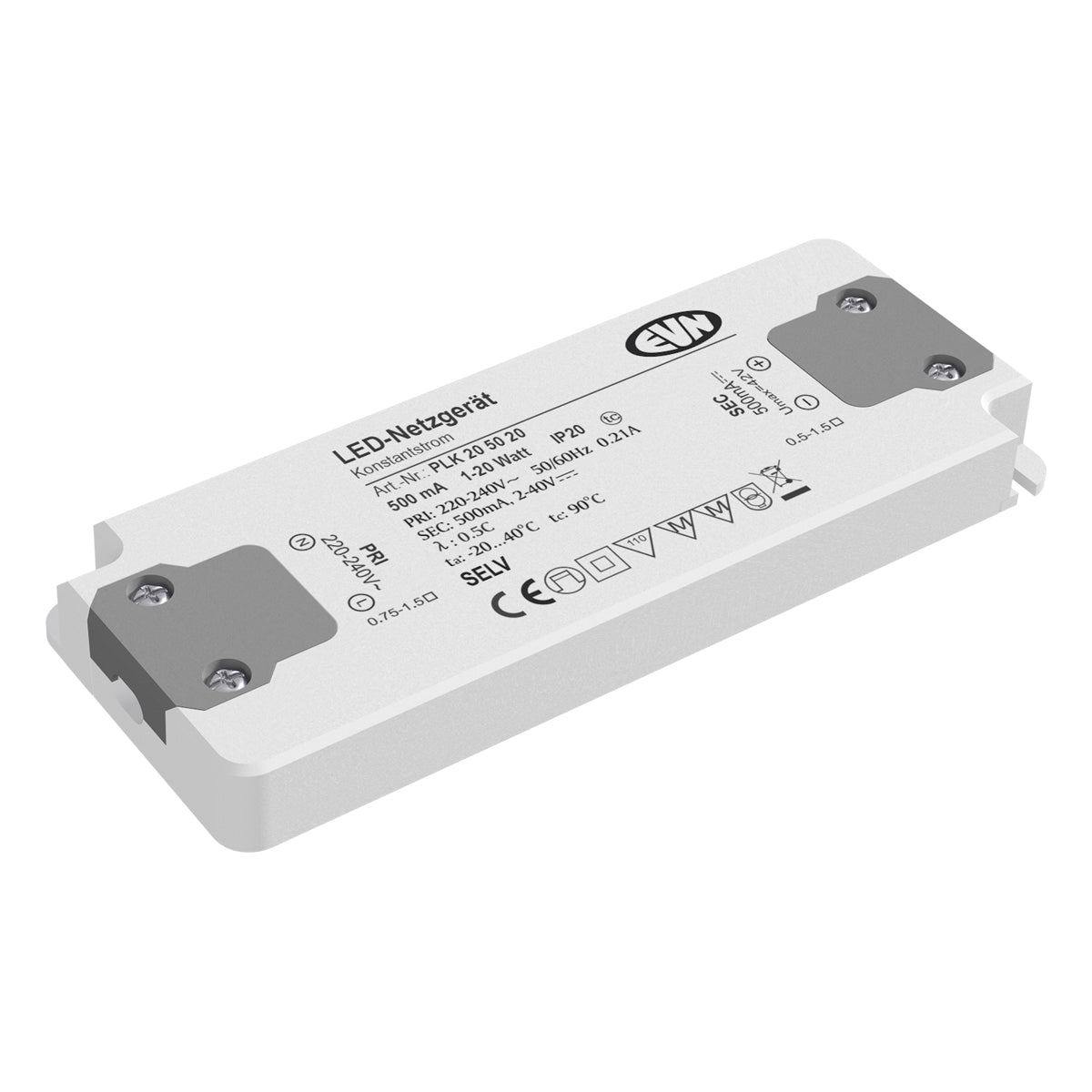 EVN LED-Trafo 1-20W 500mA 40V IP20 dyn PLK205020 Kstgeh 128x50x13mm