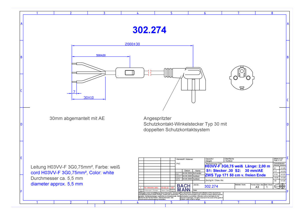 BACHMANN Netzanschlussleitung 2m 10A ws 302.274 3x0,75qmm IP20 Aderendh 0-70°C