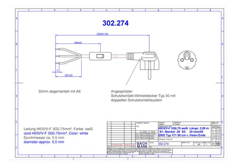 BACHMANN Netzanschlussleitung 2m 10A ws 302.274 3x0,75qmm IP20 Aderendh 0-70°C
