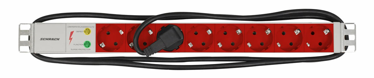 19" Netzleiste 8xSchuko (Rot) mit Überspannungsschutz, ALU