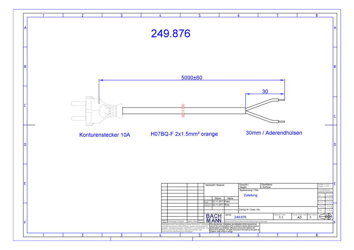 BACHMANN Netzanschlussleitung 5m 10A or 249.876 2x1,5qmm IP20 Profilstecker PUR