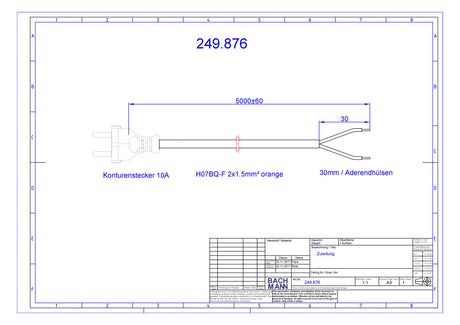 BACHMANN Netzanschlussleitung 5m 10A or 249.876 2x1,5qmm IP20 Profilstecker PUR