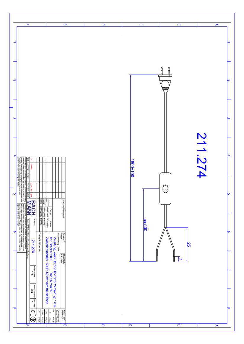 BACHMANN Netzanschlussleitung 1,8m 2,5A 211.274 2x0,75qmm ws IP20 Euro-Steck