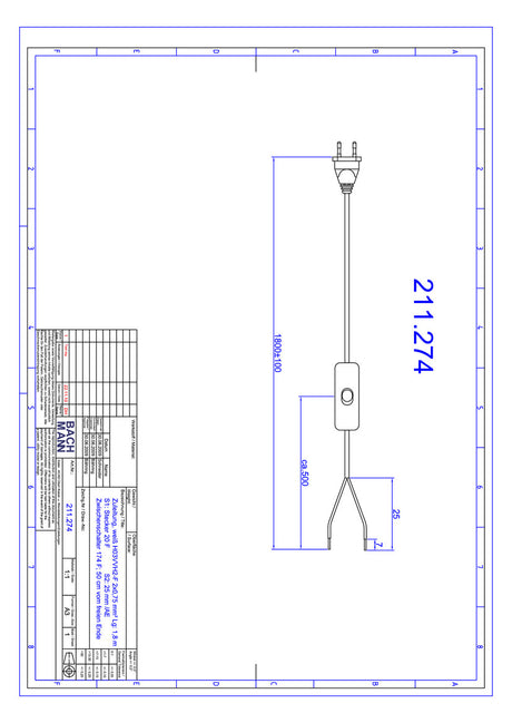 BACHMANN Netzanschlussleitung 1,8m 2,5A 211.274 2x0,75qmm ws IP20 Euro-Steck