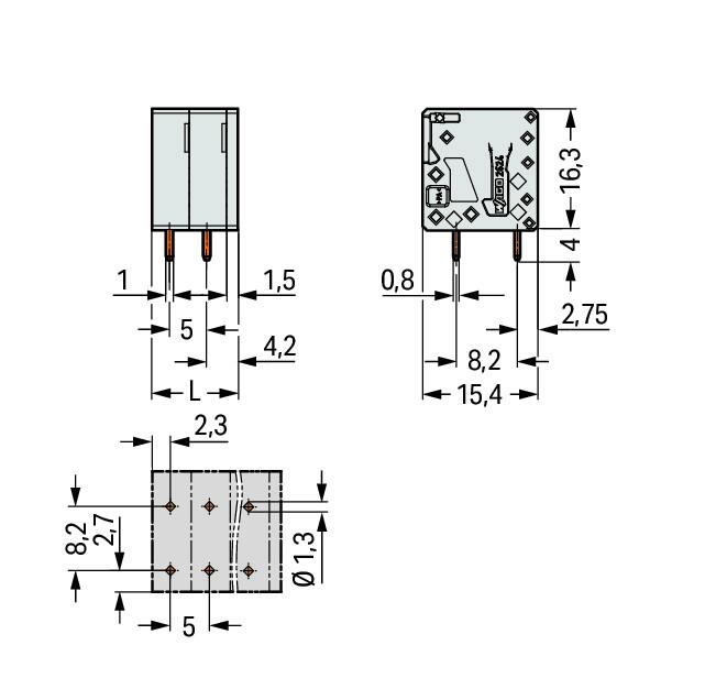 WAGO Printklemme 3f 1re gr RM=5 0,2-6qmm Serie 2624 2624-3103 Federzug/Löt