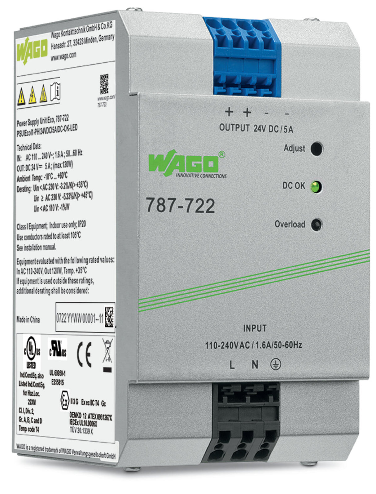 WAGO Gleichstromversorgung 22-28V 120W Serie 787 787-722 85-264VUC 5A 230VA