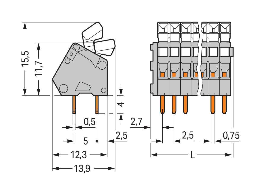 WAGO Printklemme 3f 1re gr RM=2,5 Serie 233 233-203 Federzug/Löt 0,25qmm