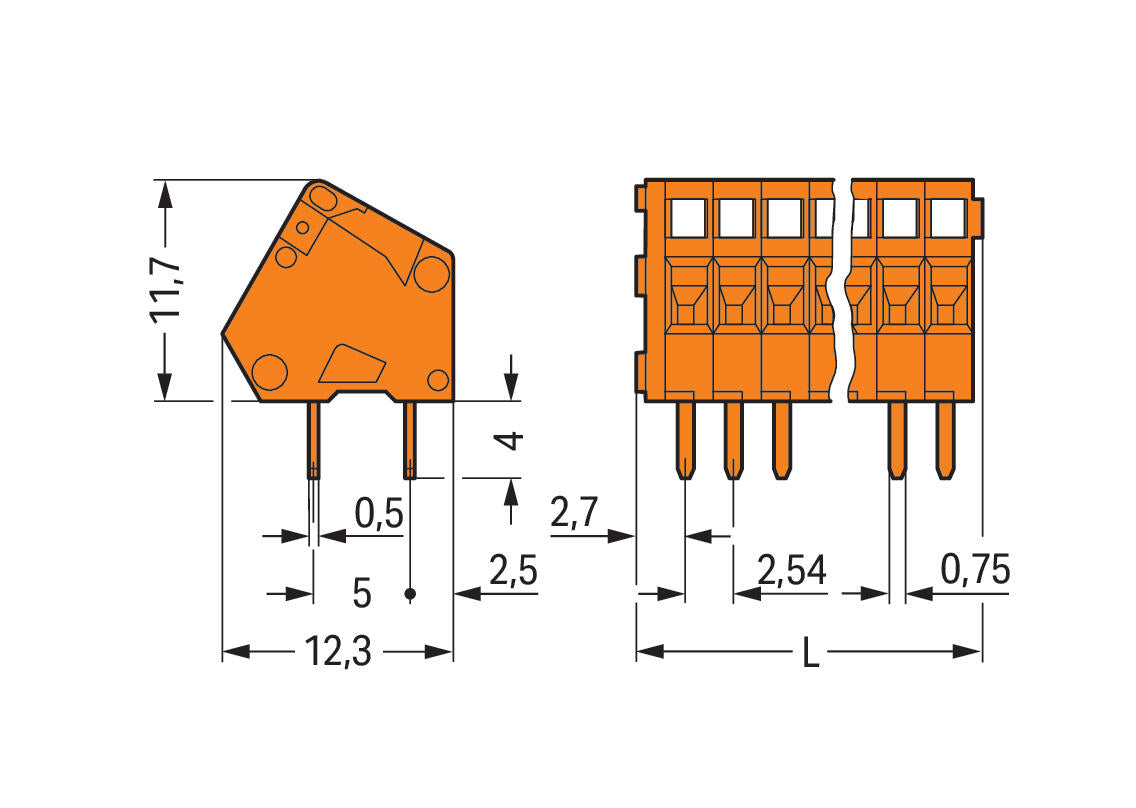 WAGO Printklemme 4f 1re or RM=2,54 Serie 233 233-404 Federzug/Löt 0,25qmm