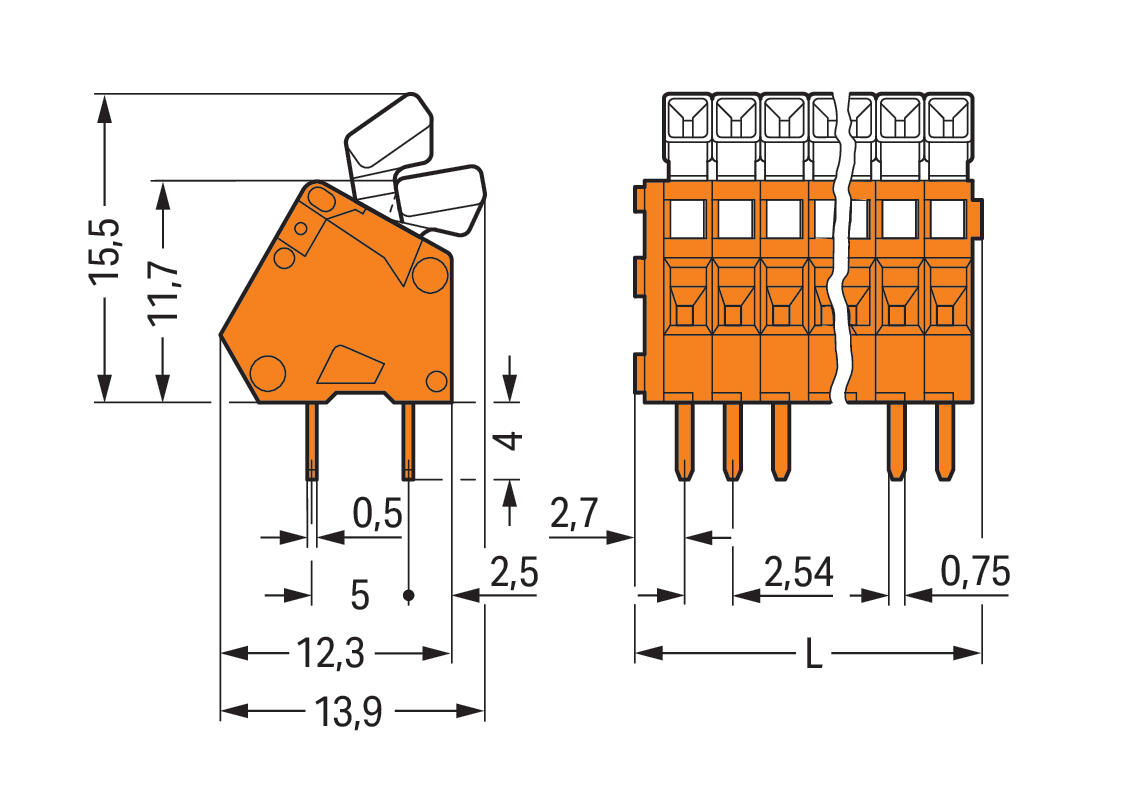 WAGO Printklemme 48f 1re or RM=2,54 Serie 233 233-548 Federzug/Löt 0,25qmm