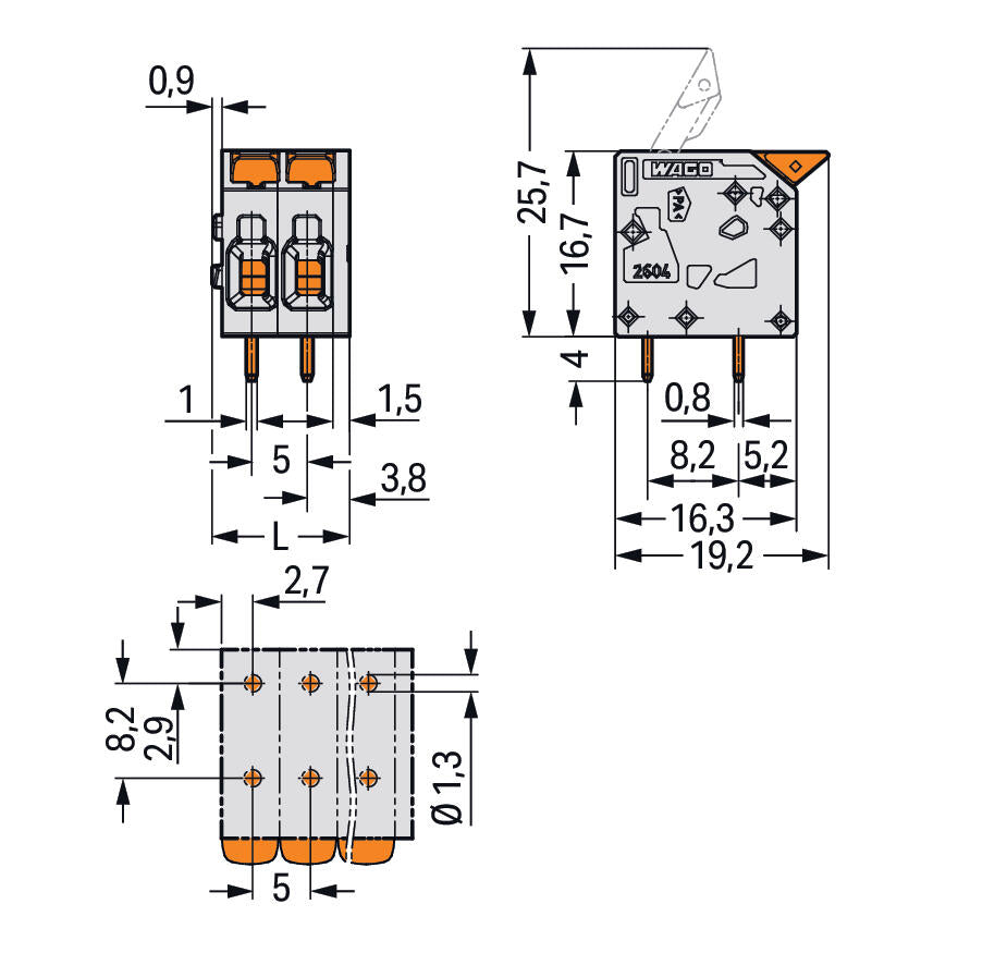 WAGO Printklemme 11f 1re gr RM=5 Serie 2604 2604-1111 Federzug/Löt