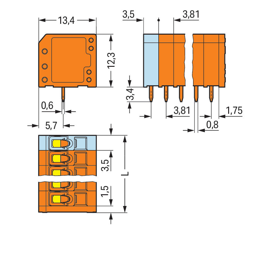 WAGO Printklemme 8f 1re or RM=3,81 Serie 739 739-338 Federzug/Löt
