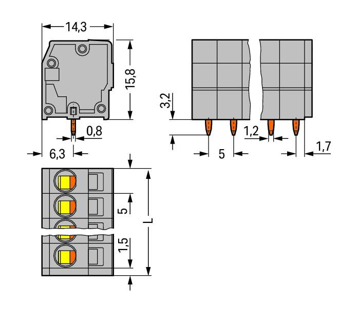 WAGO Printklemme 3f 1re gr RM=5 Serie 739 739-103/000-004 Federzug/Löt