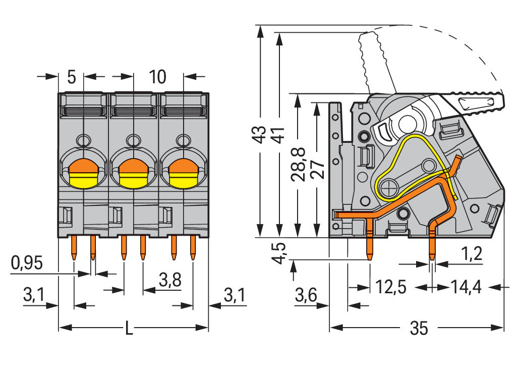 WAGO Printklemme 1f 1re gr RM=10 2716-151 Federzug/Löt 1,5-16qmm
