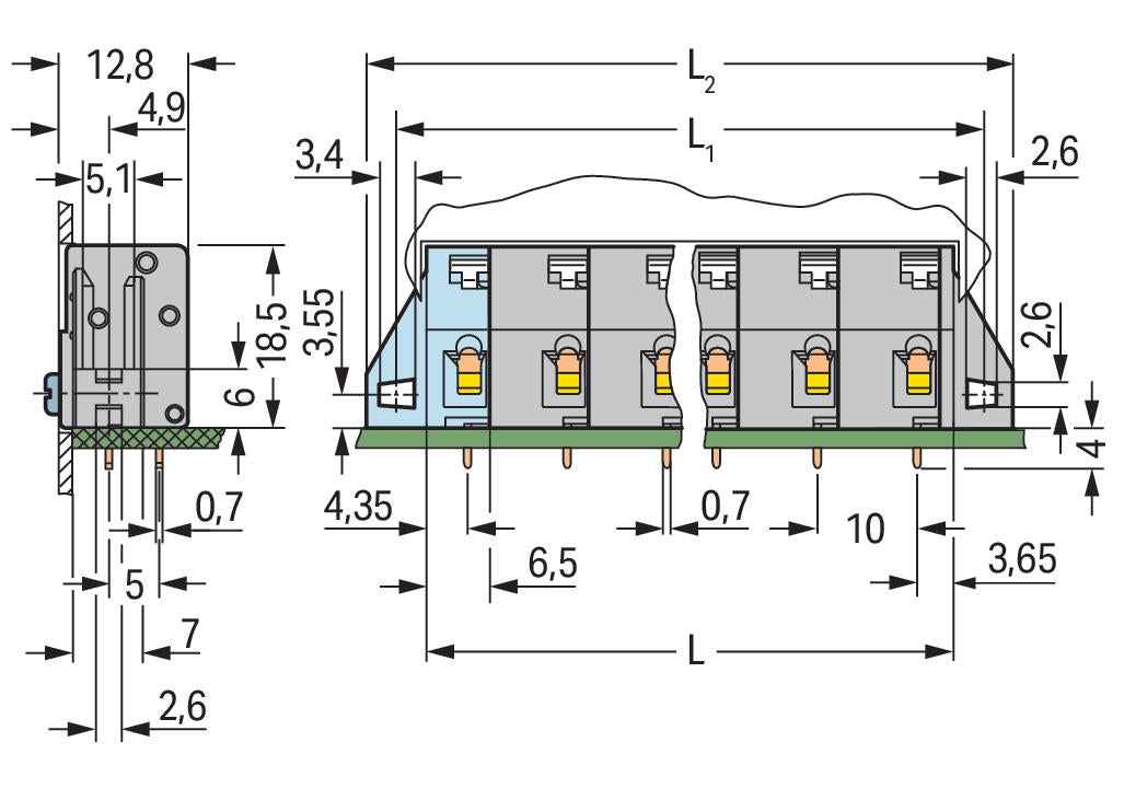 WAGO Printklemme 3f 1re gr RM=10 Serie 741 741-523 Federzug/Löt
