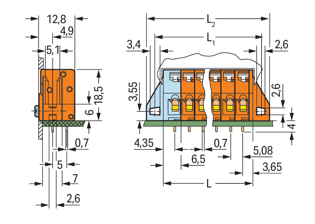 WAGO Printklemme 6f 1re or RM=5,08 Serie 741 741-236 Federzug/Löt