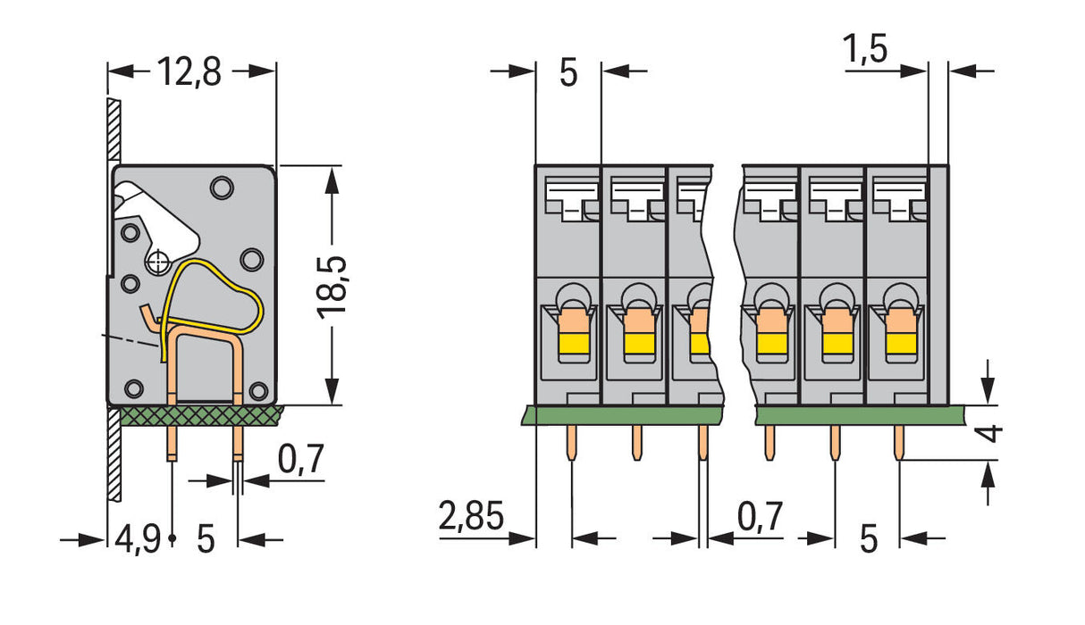 WAGO Printklemme 7f 1re gr RM=5 Serie 741 741-107 Federzug/Löt