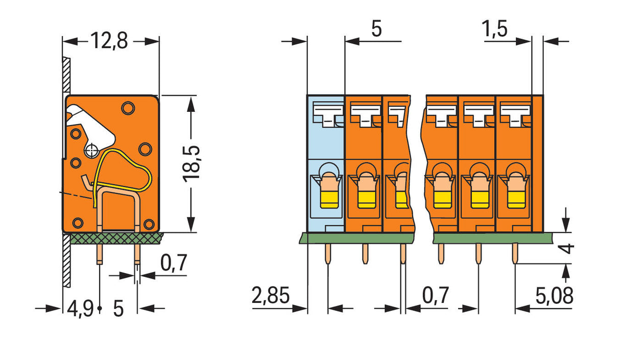 WAGO Printklemme 5f 1re or RM=5,08 Serie 741 741-205 Federzug/Löt
