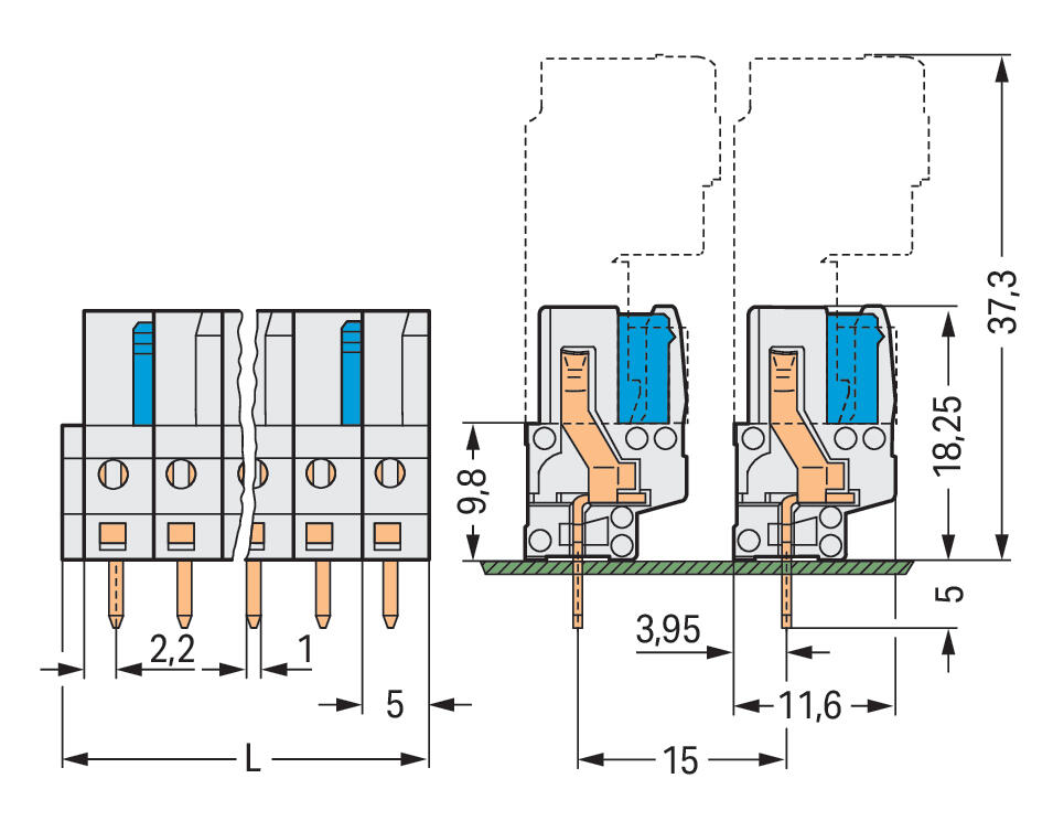 WAGO Platinenstecker Stift 10p lgr 1re Serie 722 722-140/031-000 5mm zinn Löt