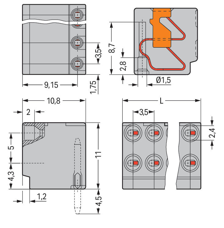 WAGO Printklemme 2f 2re gr RM=3,5 Serie 252 252-102 Steckklemm/Löt