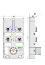 WAGO Verteiler Sensor/Aktor 4Steckpl 4p Serie 757 757-144 32V M12