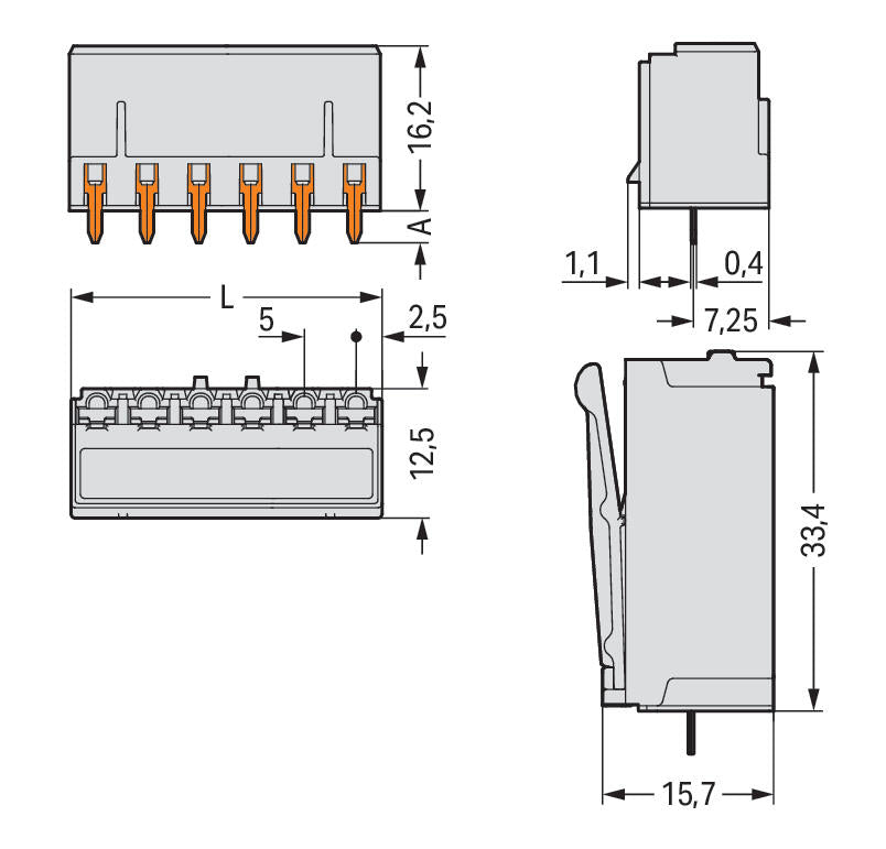 WAGO Platinenstecker Stift 6p lgr 1re Serie 2092 2092-1306 5mm zinn Löt