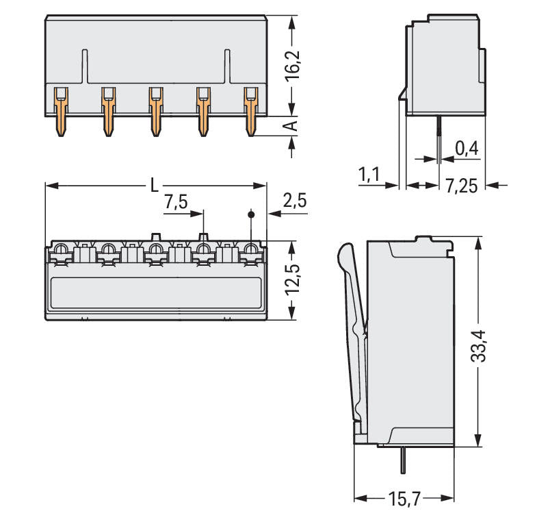 WAGO Platinenstecker Stift 4p lgr 1re Serie 2092 2092-3304/200-000 7,5mm zinn