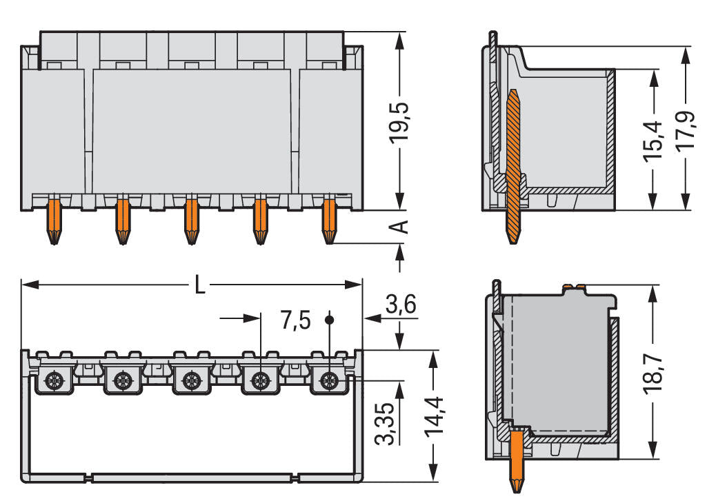 WAGO Platinenstecker Stift 5p lgr 1re Serie 2092 2092-3405 7,5mm zinn Löt