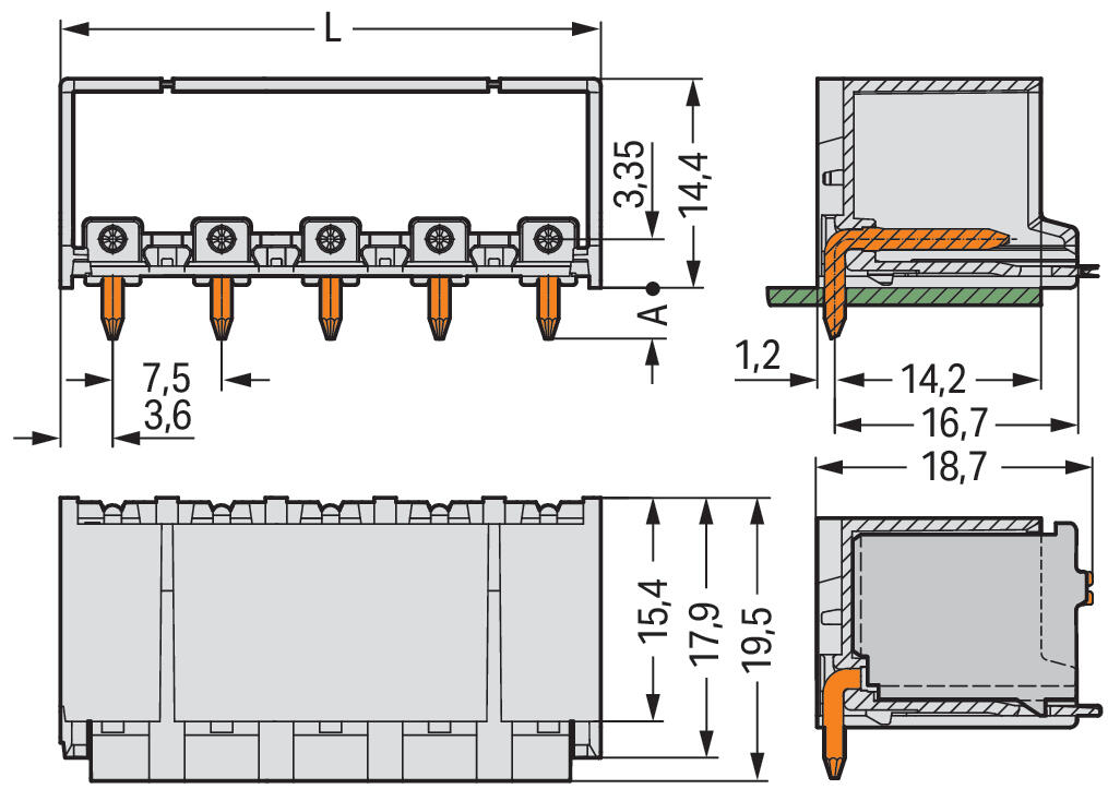 WAGO Platinenstecker Stift 5p lgr 1re Serie 2092 2092-3425 7,5mm zinn Löt