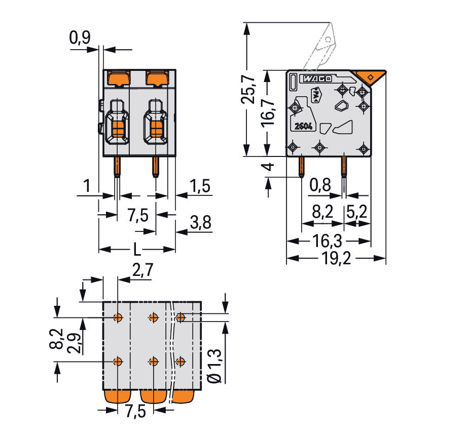 WAGO Printklemme 3f 1re gn/ge RM=7,5 Serie 2604 2604-1303/000-016 Federzug/Lö
