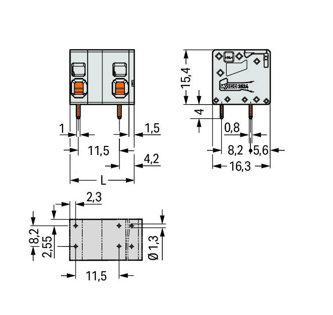 WAGO Printklemme 2f 1re gr RM=11,5 Serie 2624 2624-1502 Federzug/Löt