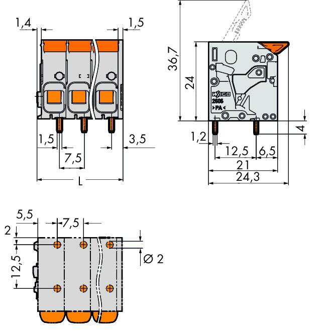 WAGO Printklemme 4f 1re gr RM=7,5 2606-1104 Federzug/Löt 0,2-10qmm