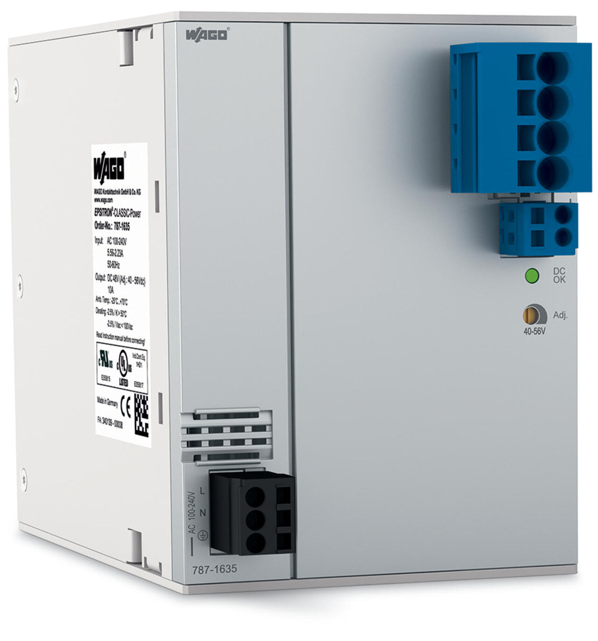 WAGO Gleichstromversorgung 40-56V 480W Serie 787 787-1635 85-264VUC 10A 6TE