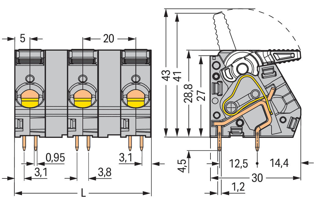 WAGO Printklemme 3f 1re gr RM=20 Serie 2716 2716-303 Federzug/Löt