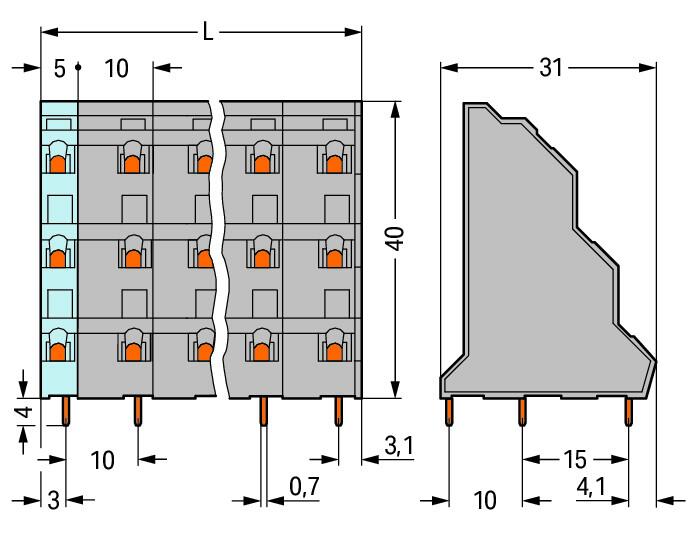 WAGO Printklemme 24f 3re gr RM=10 Serie 737 737-708 Federzug/Löt