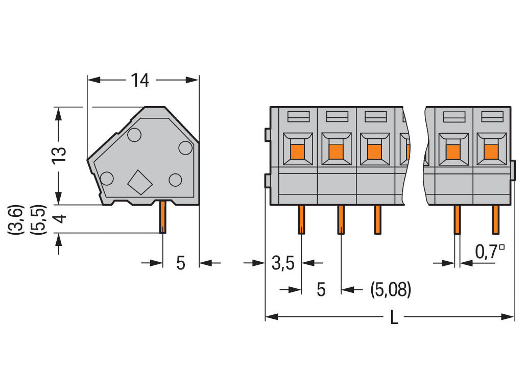 WAGO Printklemme 14f 1re gr RM=5,08 Serie 236 236-114 Federzug/Löt