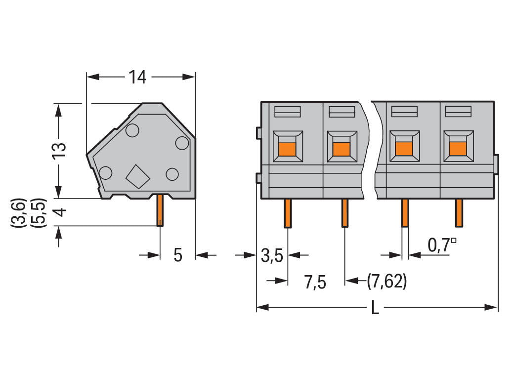 WAGO Printklemme 4f 1re gr RM=7,62 Serie 236 236-204 Federzug/Löt