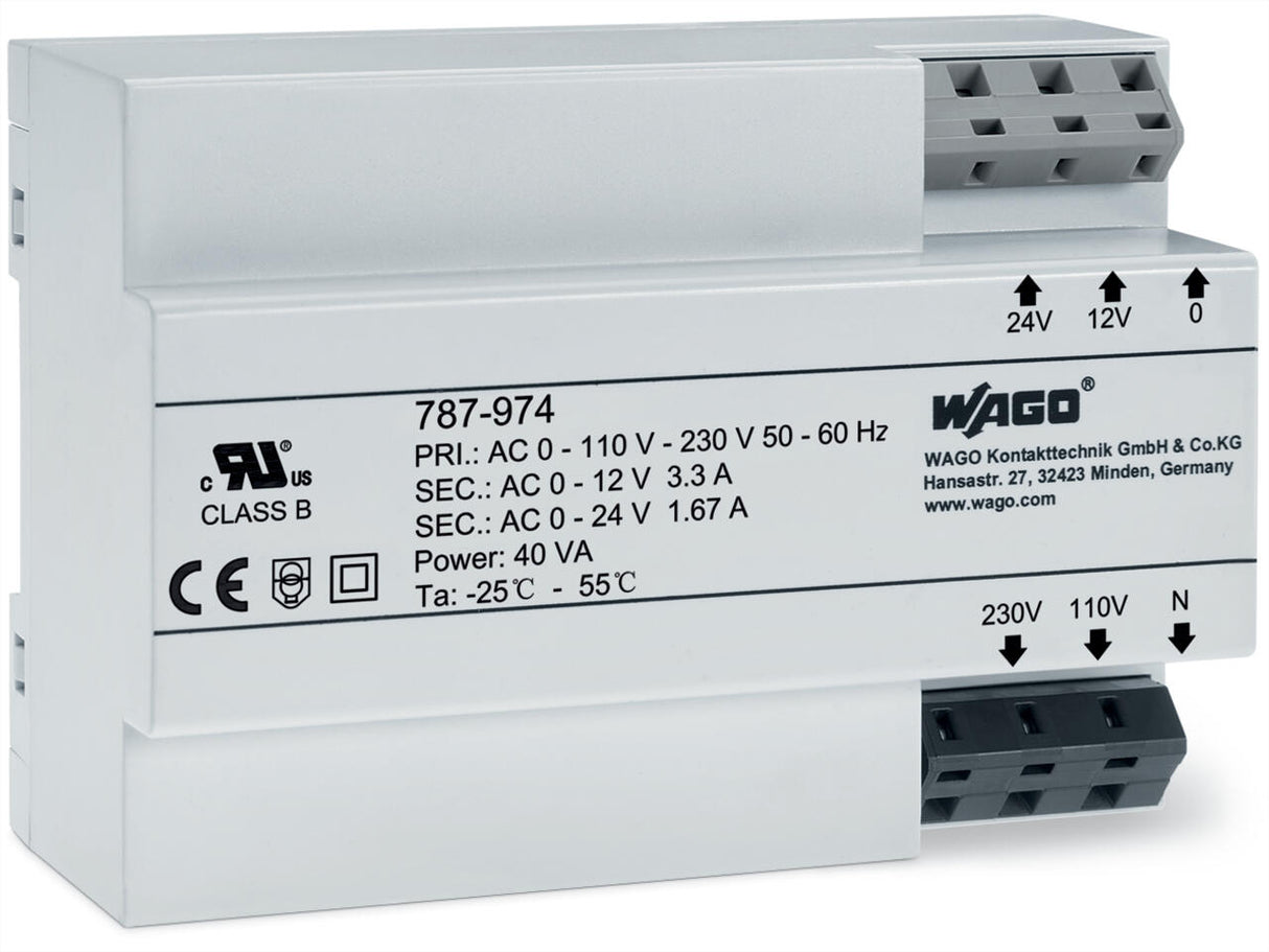 WAGO Trenntrafo 40VA 115-230V 12-24V 787-974 Kurzschl.fest 126x90x54mm IP20