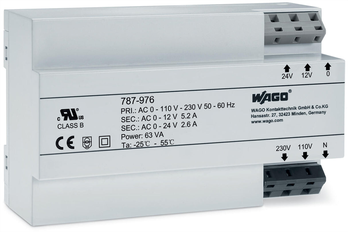 WAGO Trenntrafo 63VA 115-230V 12-24V 787-976 Kurzschl.fest 144x90x54mm IP20