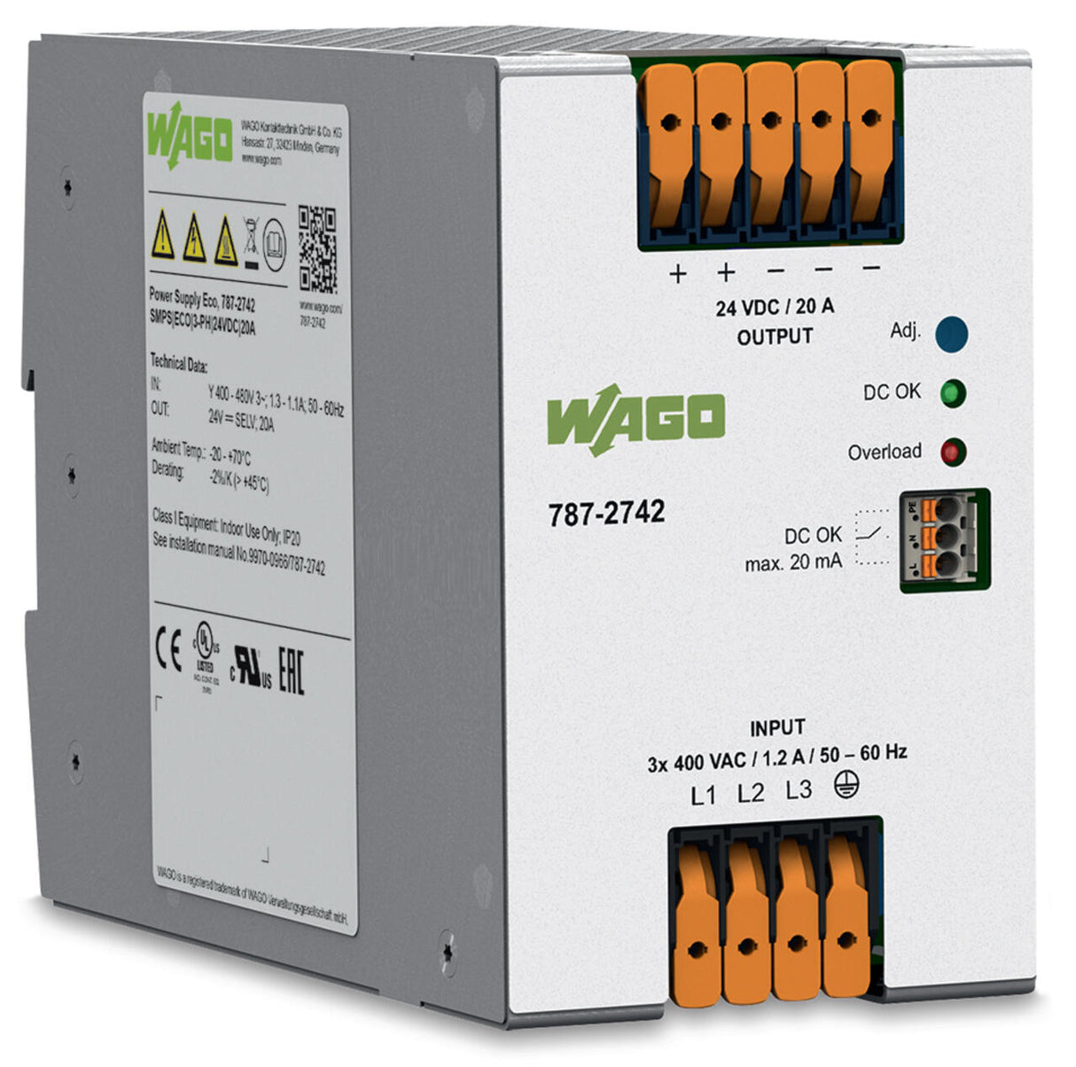 WAGO Gleichstromversorgung REG 24-28V 787-2742 85-264VUC 20A 5TE f.Tragschien