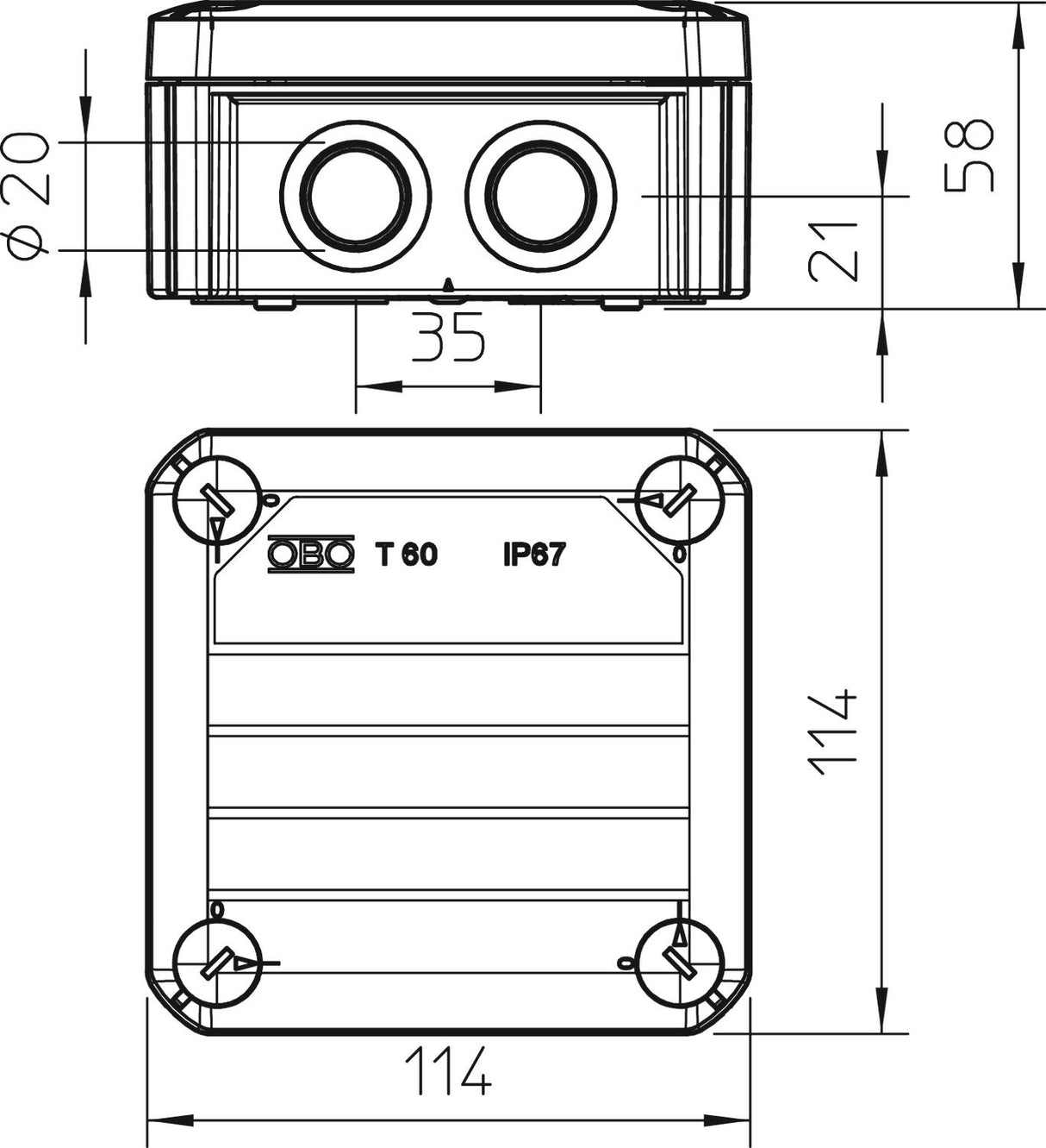 BETTERMANN Abzweigdose IP67 6qmm quadrat T 60 M20 KL 114x114x57mm Wand/Decke Kst