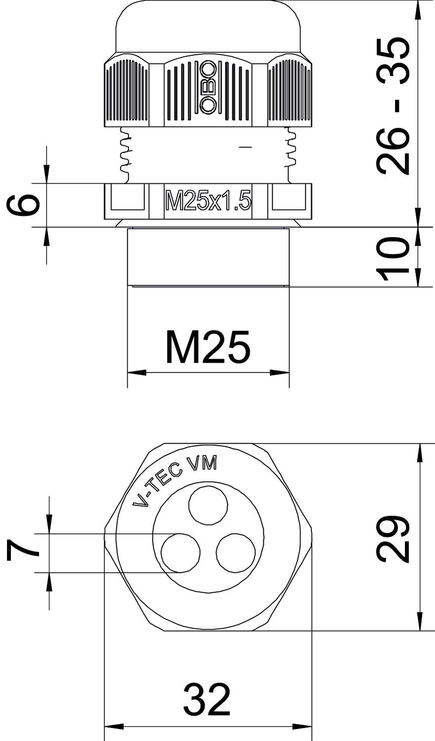 BETTERMANN Kabelverschraubung M25 PA gr V-TEC VM25 3x7 10mm IP68 ger unbeh