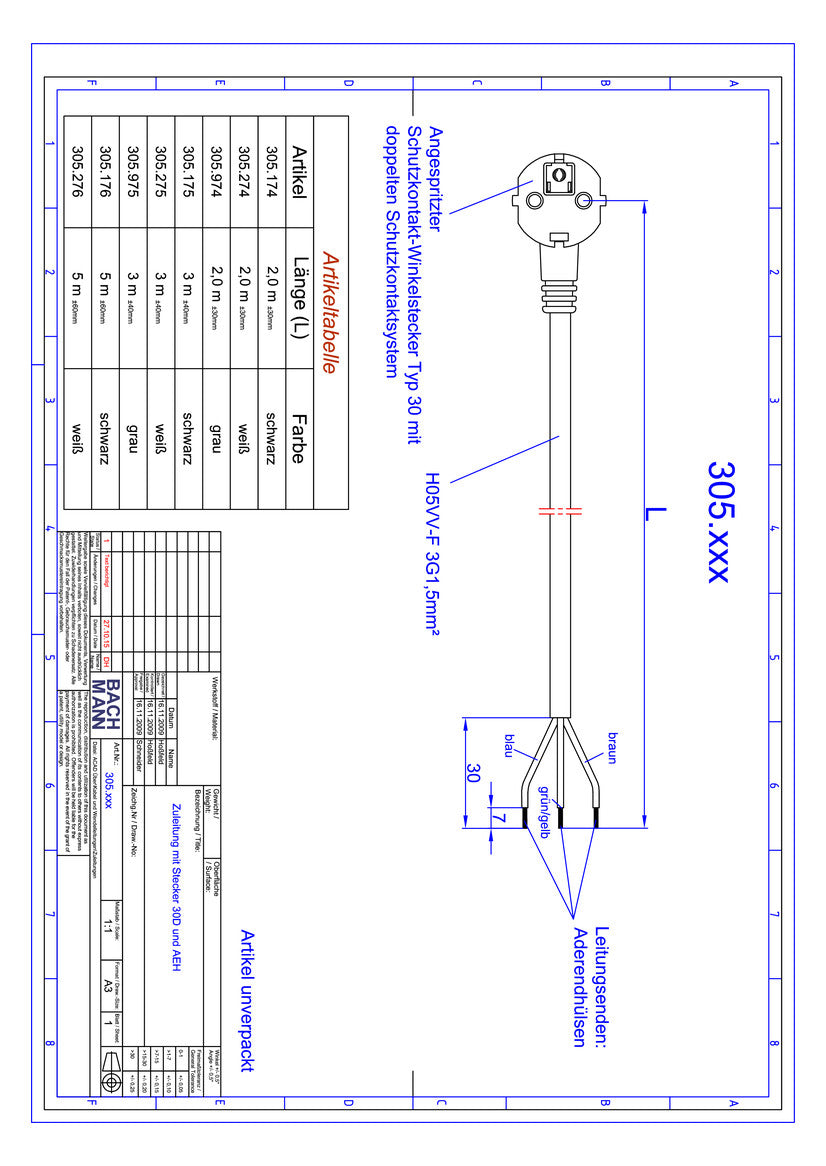 BACHMANN Netzanschlussleitung 3m 16A ws 305.275 3x1,5qmm IP20 Aderendh 0-70°C