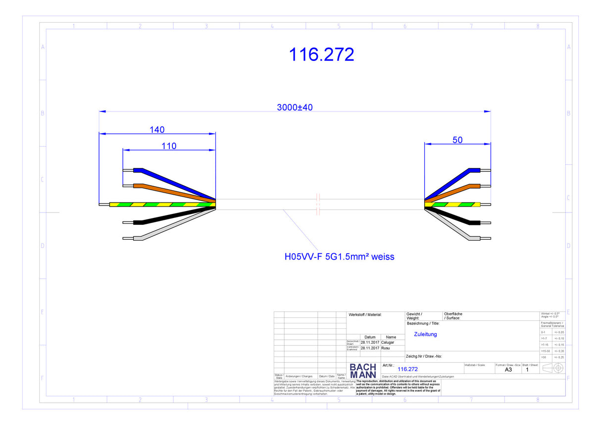 BACHMANN Herdanschlussleitung 3m 16A ws 116.272 5x1,5qmm IP20 Aderendh Aderendh