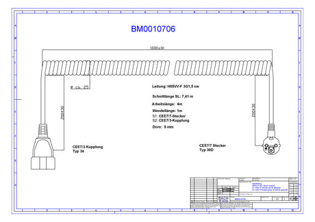 BACHMANN Spiralleitung 1m 3x1,5qmm 16A BM0010706 sw CEE7/4(Typ F) PVC