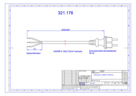 BACHMANN Netzanschlussleitung 5m 16A sw 321.176 3x0,75qmm IP20 Aderendh 0-70°C
