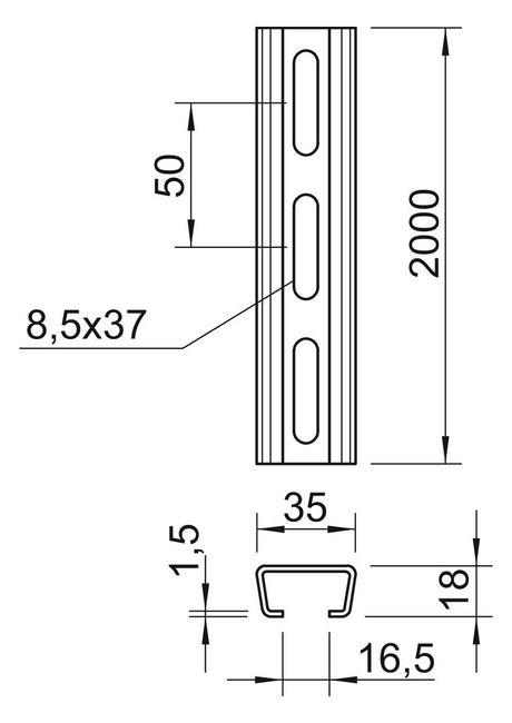 BETTERMANN C-Profilschiene ST 16,5mm AML3518P2000FS 2000x35x18mm D1,5mm