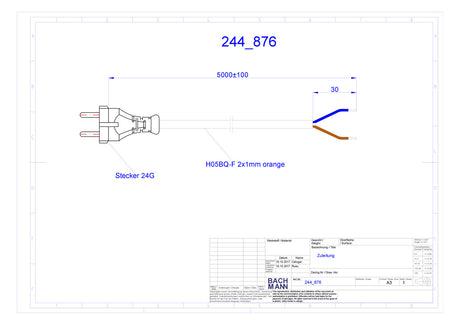 BACHMANN Netzanschlussleitung 5m 2x1qmm 244.876 10A or IP20 Profilstecker PUR