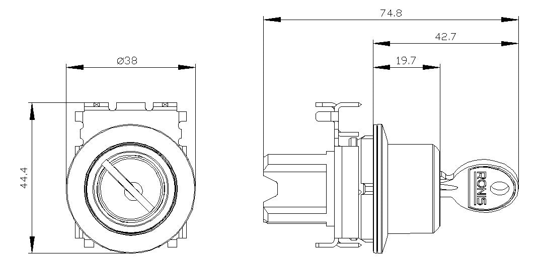 SIEMENS Schlüsselschalter 2stuf rechteck 3SU1060-4LF21-0AA0  30mm 38x42,5mm
